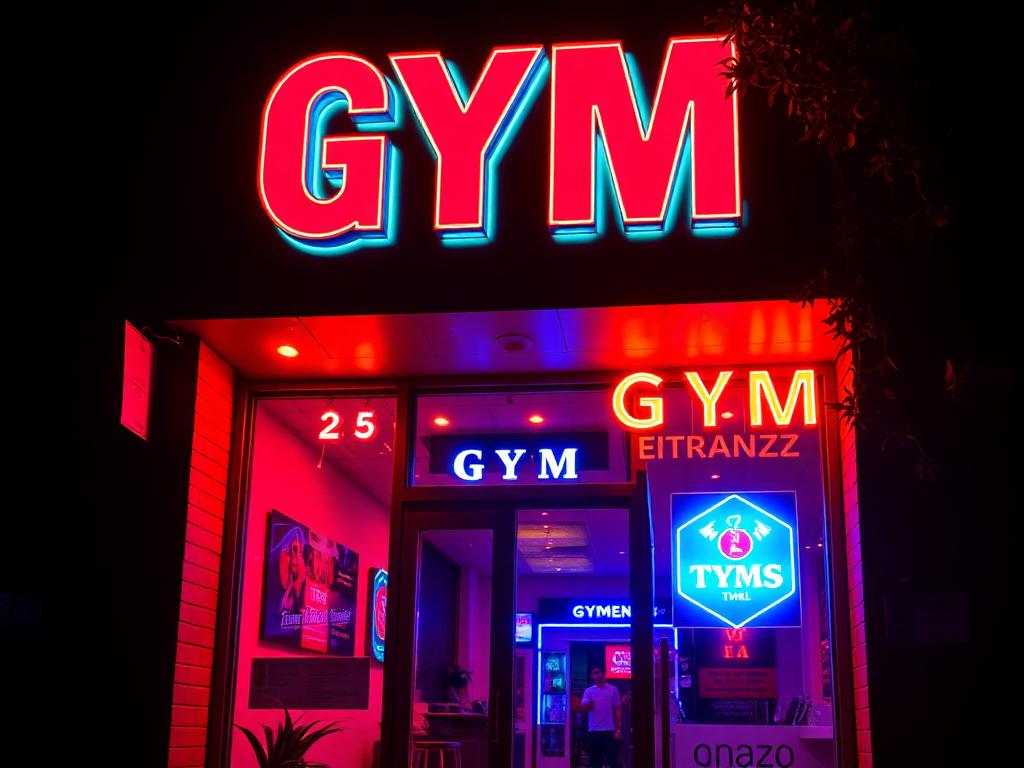 Gym entrance at night with glowing neon style signage