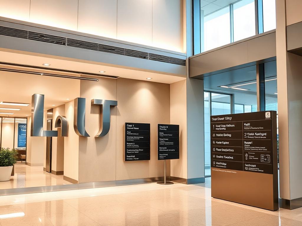 Office lobby with brushed steel letter signage and wayfinding boards